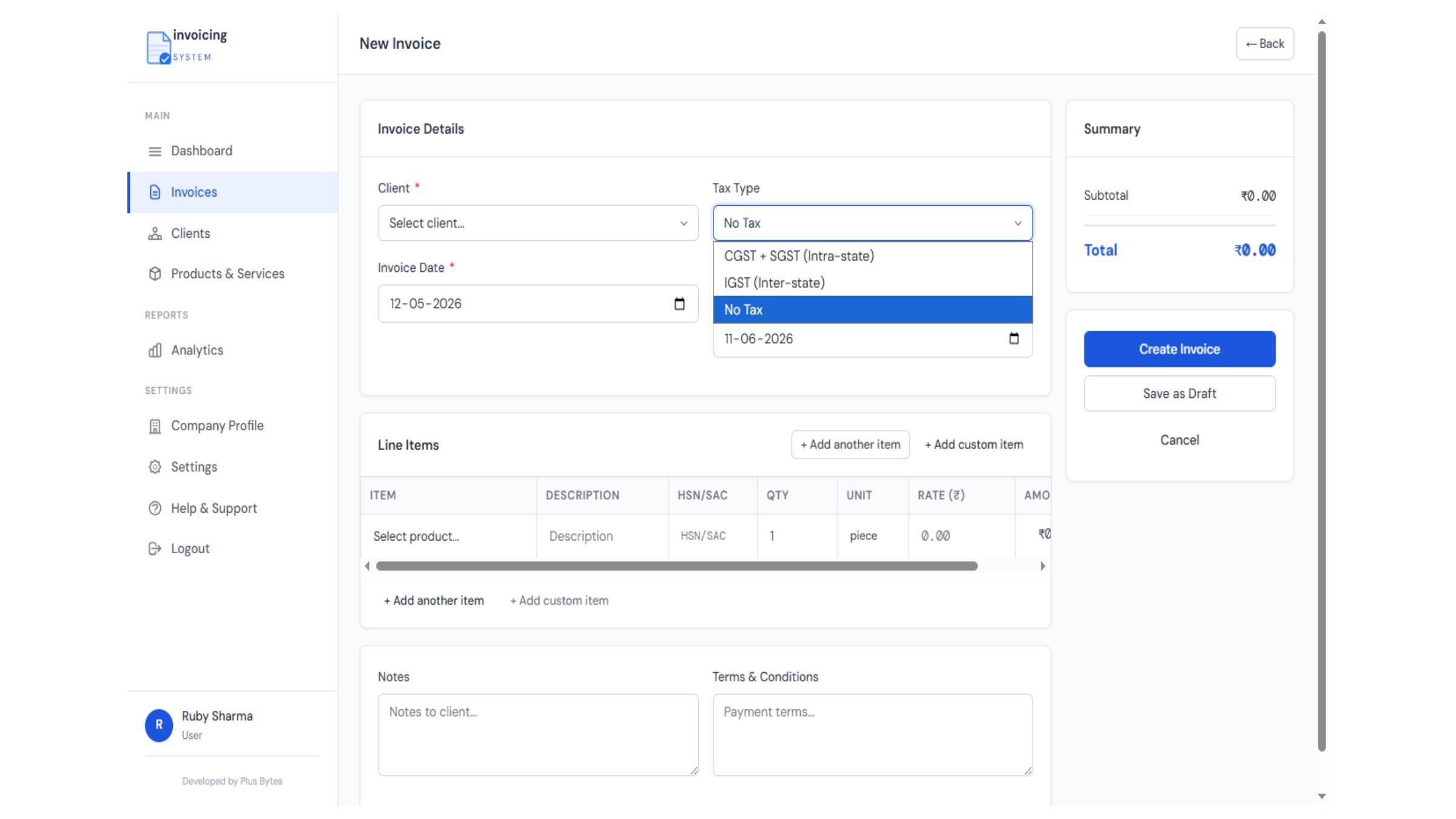 Tax Selector on Invoice